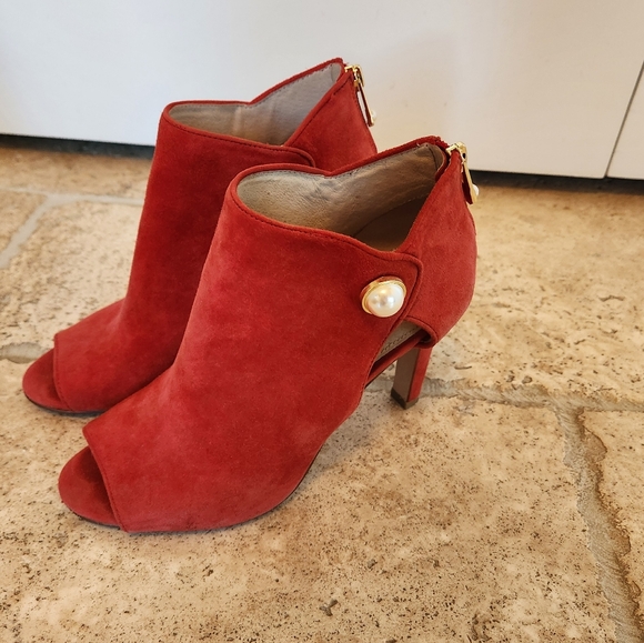 Louis Et Cie Red Leather Suede Open Toe Booties Boots Shoes Heels Pearl Gold 8.5 - Picture 2 of 7